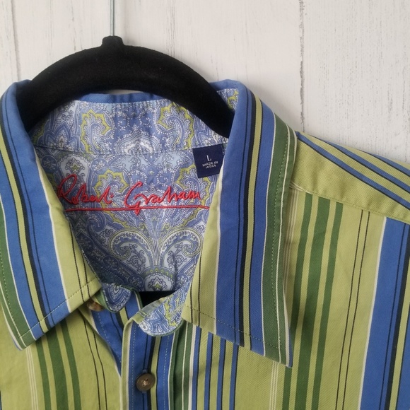 Robert Graham Green Blue Striped Shirt Sz Large - Picture 2 of 7